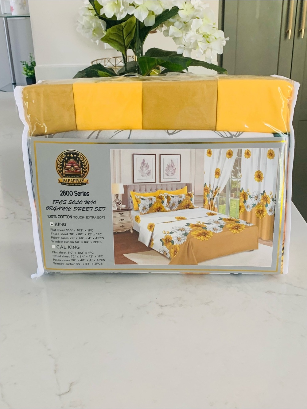 Papapiyay 2800 Series 8PC Sheet Set King Yellow White Floral 100% Cotton